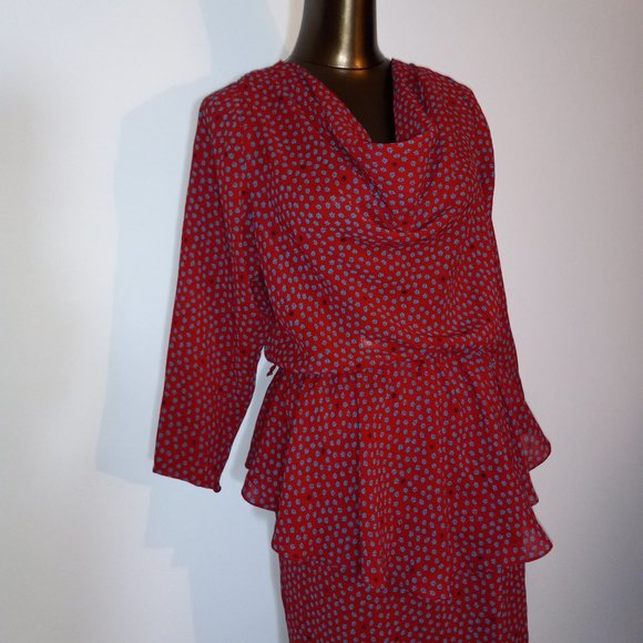 cowl-neck, peplum, floral print crepe, knee-length dress, vintage late 1970s-80s - Picture 3 of 15